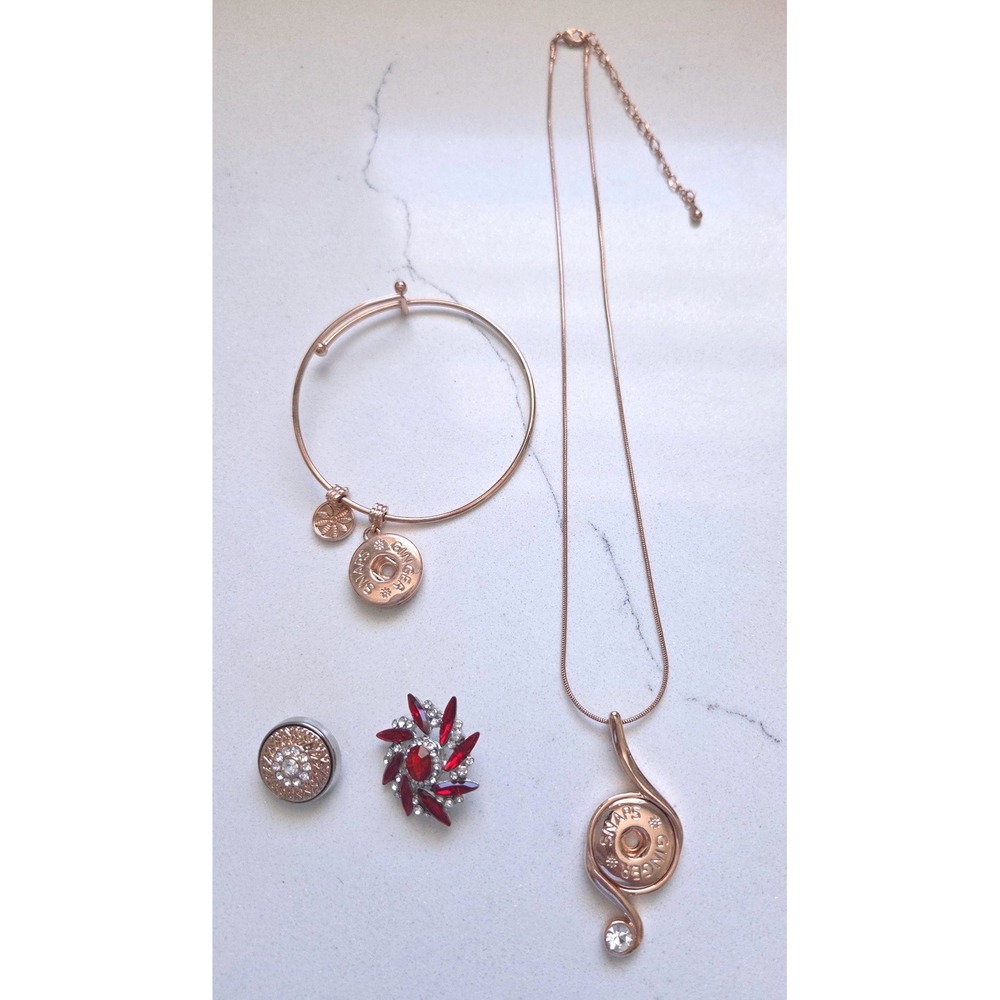 Ginger Snaps Rose Gold Tone Necklace Bangle & 2 Interchangeable Snap Charms Set